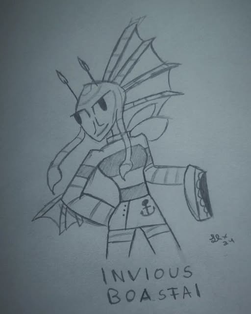 A hand-drawn pencil sketch of a stylized, blocky cartoon character with insect-like wings, antennae, and a smiling face…