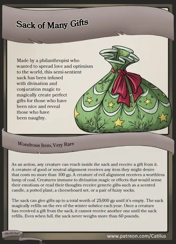 A fantasy item card titled 'Sack of Many Gifts' depicts a green sack with gold stars and a red bow. The text describes it as…