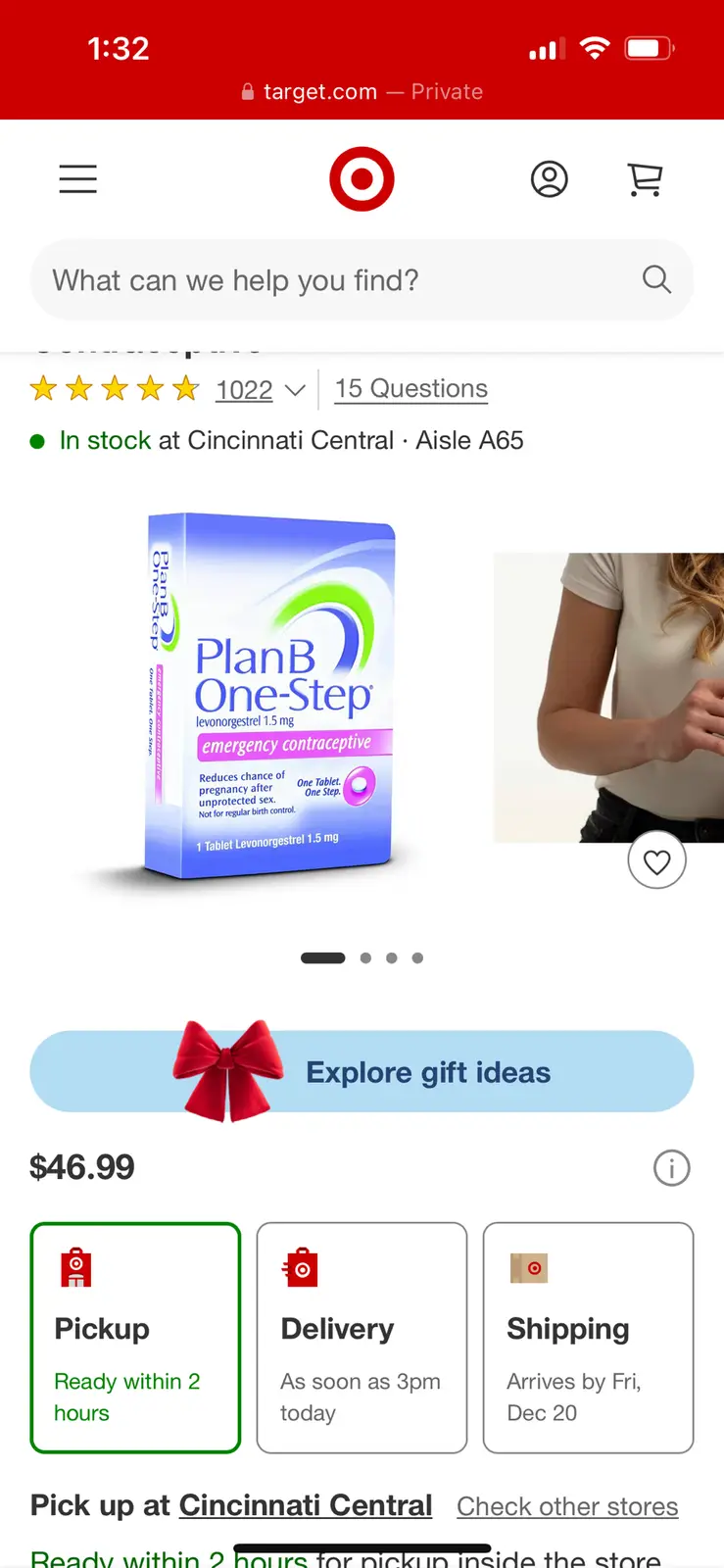 A screenshot of a Target.com product page for PlanB One-Step emergency contraceptive, showing the product box, a customer…