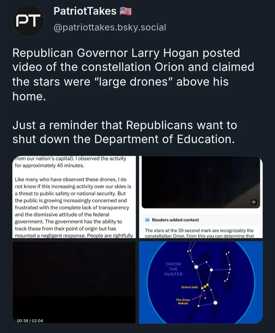 A screenshot of a social media post by 'PatriotTakes' showing a video clip of stars in the night sky, alongside a diagram…