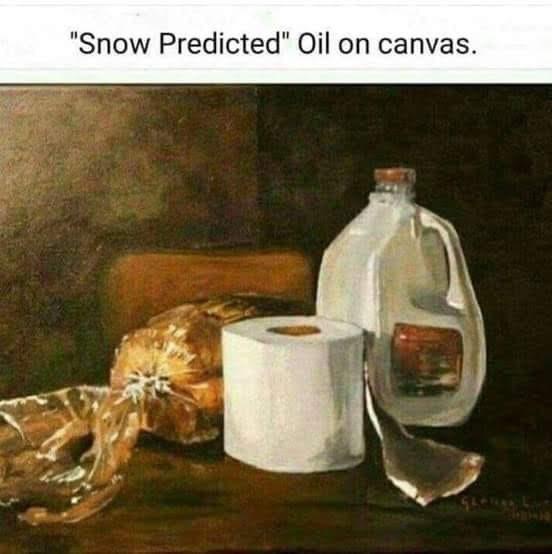 A still life oil painting depicts a roll of toilet paper, a plastic-wrapped loaf of bread, and a jug of milk on a wooden…
