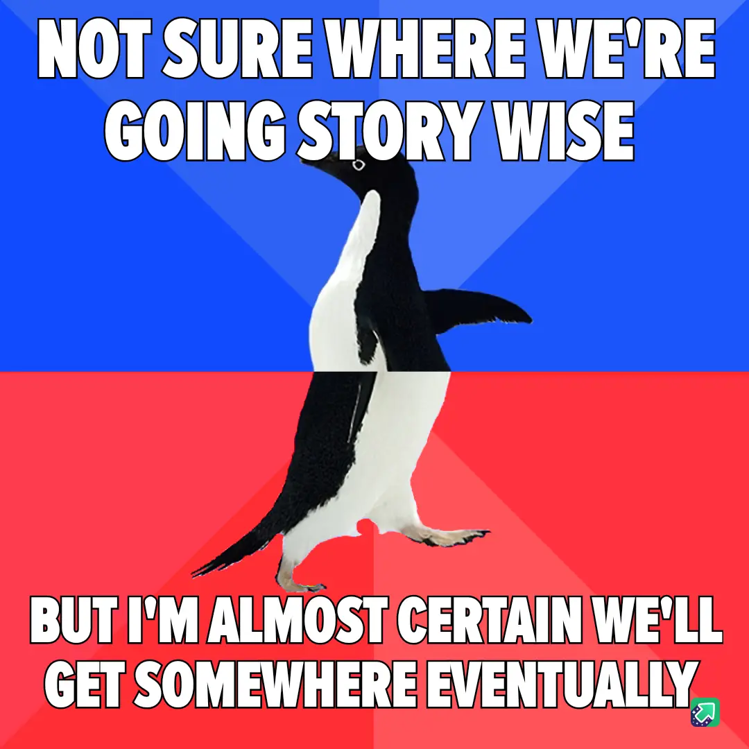 A penguin stands centered against a split blue and red background, with bold white text overlaid. The top text reads 'NOT…