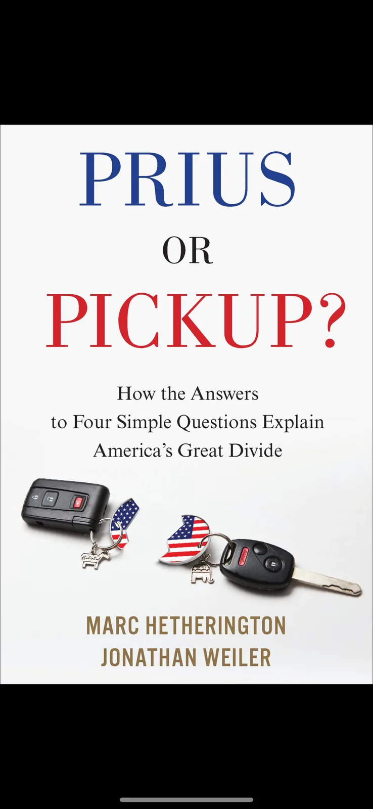 The image displays a book cover parody titled 'PRIUS OR PICKUP?' with the subtitle 'How the Answers to Four Simple Questions…