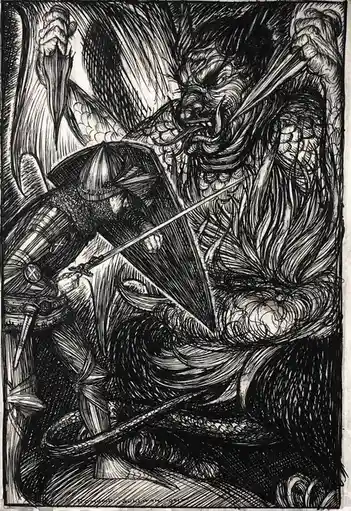 A black-and-white ink drawing depicts a knight in full armor, wielding a sword and shield, engaged in combat with a large…
