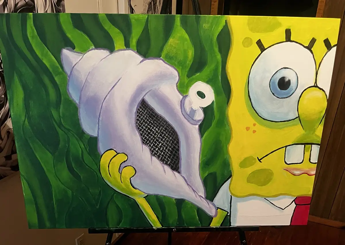 A hand-painted canvas depicts the cartoon character SpongeBob SquarePants standing next to a large, stylized white seashell…
