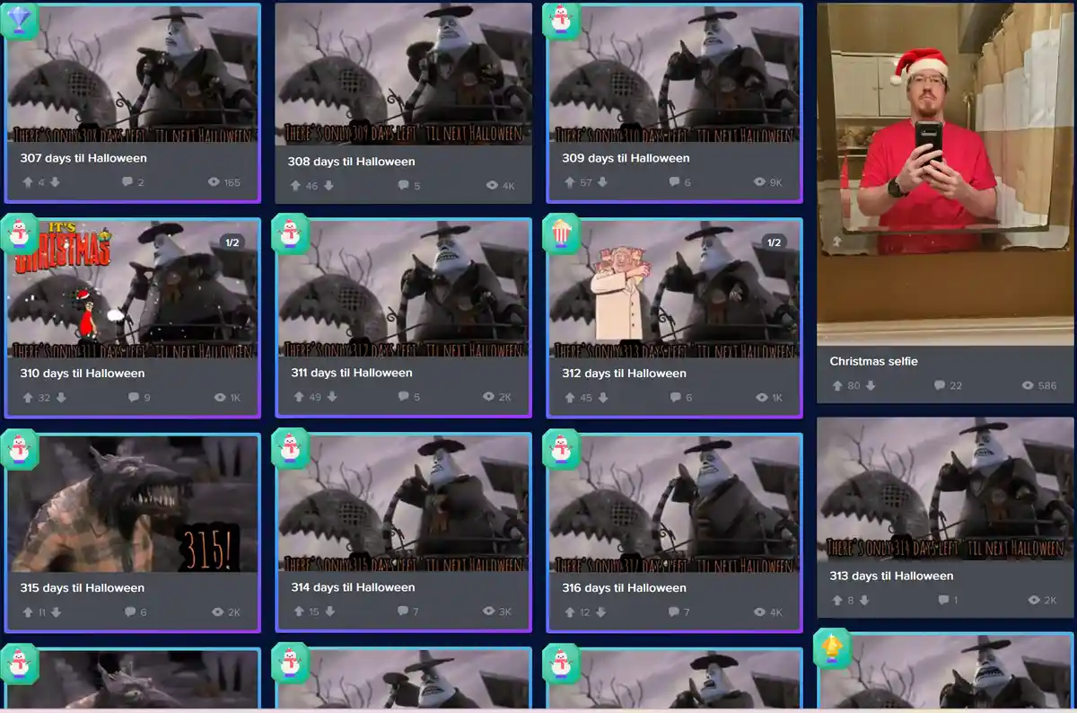 A grid of YouTube Shorts thumbnails shows a countdown to Halloween using scenes from 'The Nightmare Before Christmas' with…