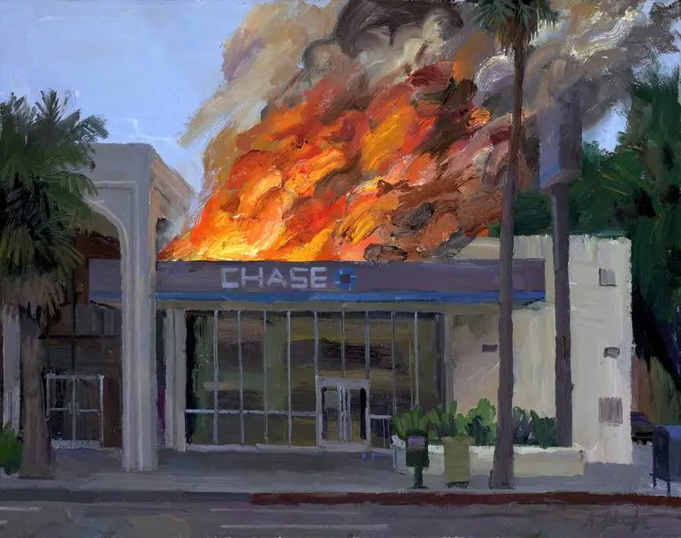 A painting of a Chase bank building engulfed in large orange and yellow flames with smoke rising, set against a street scene…