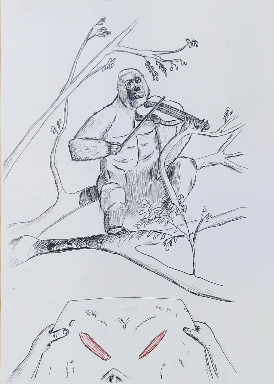 A black-and-white sketch shows a gorilla sitting on a tree branch, holding and playing a violin with a bow. Below, two hands…