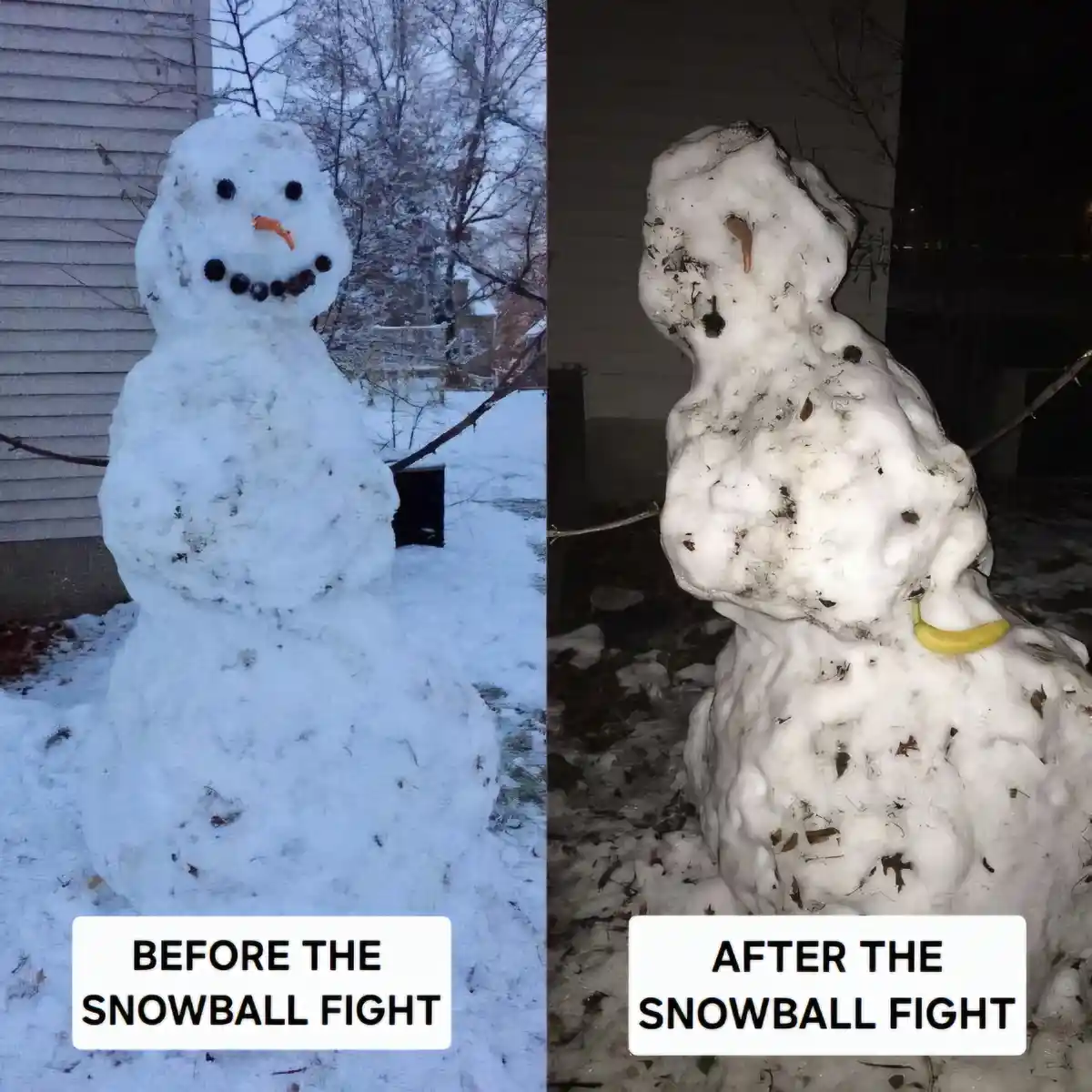 A split image shows a snowman on the left labeled 'BEFORE THE SNOWBALL FIGHT' with a neat, round shape, black button eyes, a…