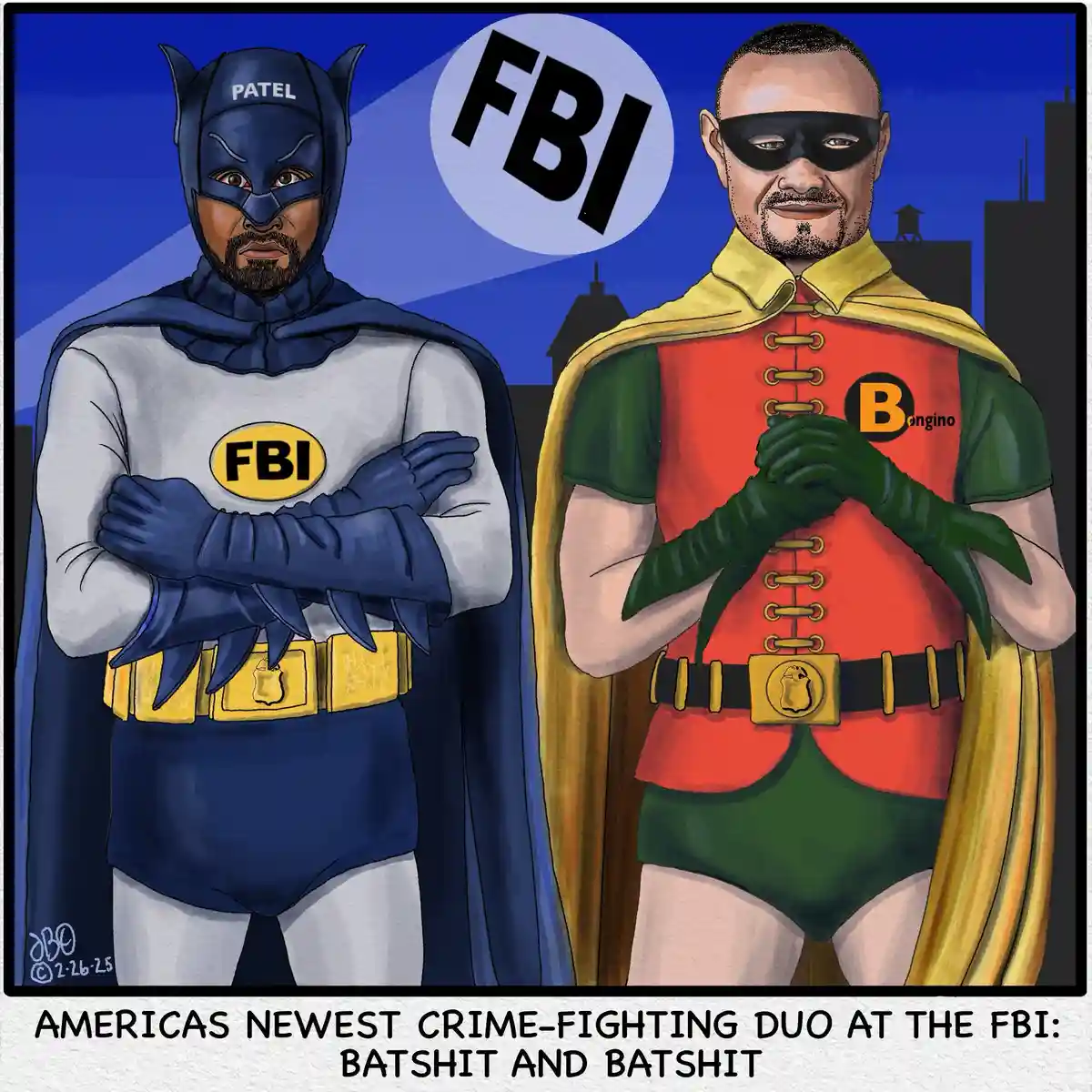 Two men dressed as Batman and Robin stand side-by-side against a city skyline at night. The Batman figure wears a blue cowl…