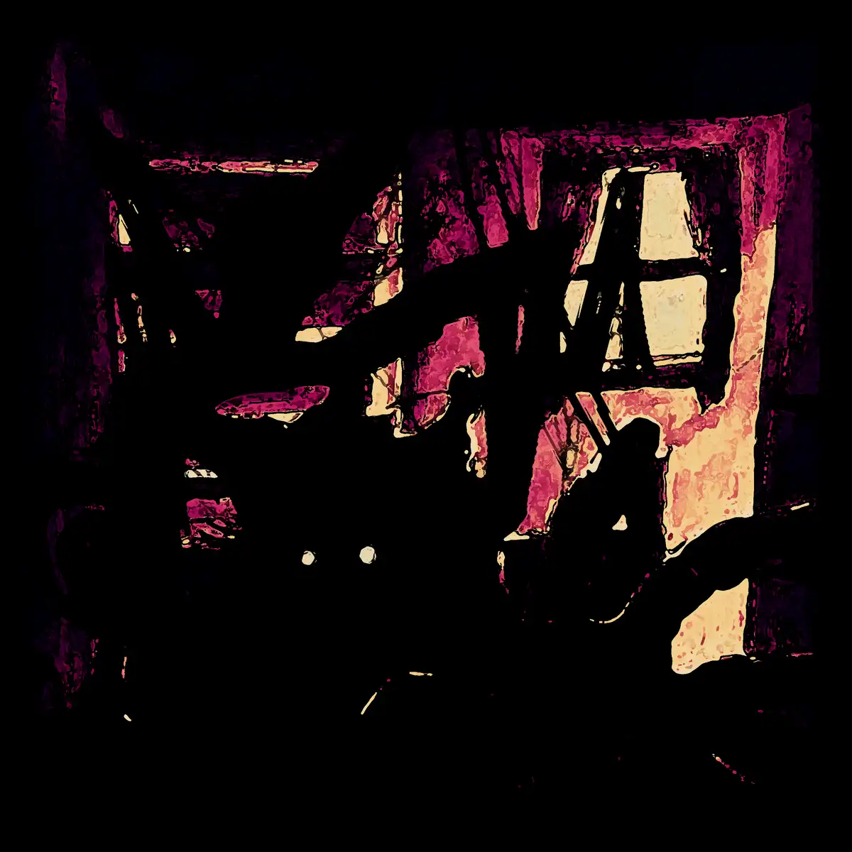 A stylized, high-contrast image shows a dark room with a window and a chair, rendered in bold magenta and cream colors. The…
