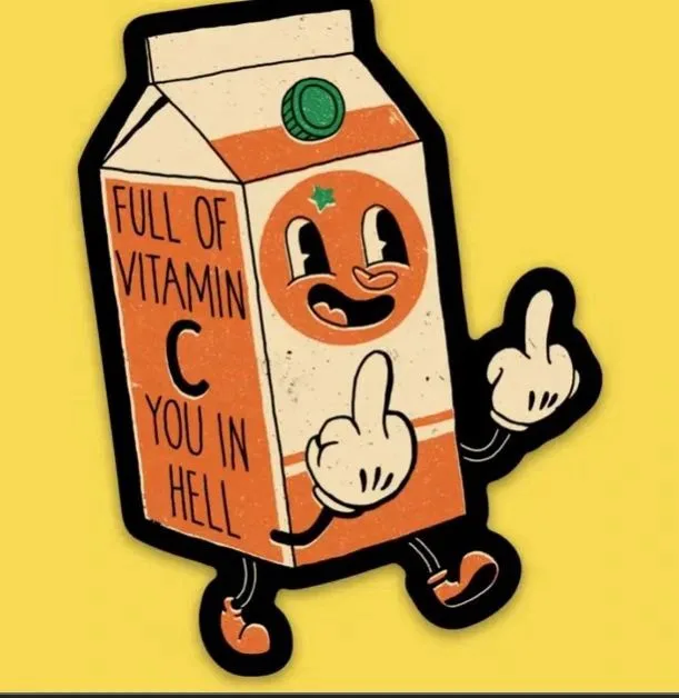 A cartoon orange juice carton with a smiling face, arms, and legs, giving two middle fingers. The carton has text reading…