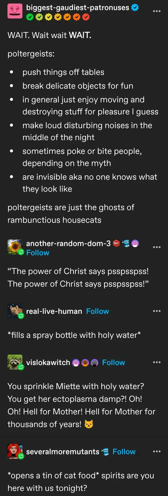 A screenshot of a Discord chat where a user lists poltergeist behaviors like breaking objects and making noises, then…