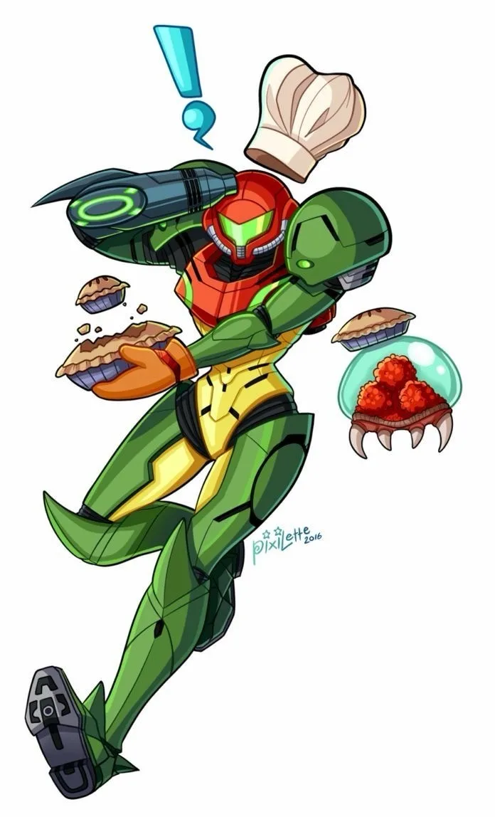 A cartoon Samus Aran in her iconic green and red Power Suit is depicted in a dynamic, joyful pose, holding a pie in one hand…
