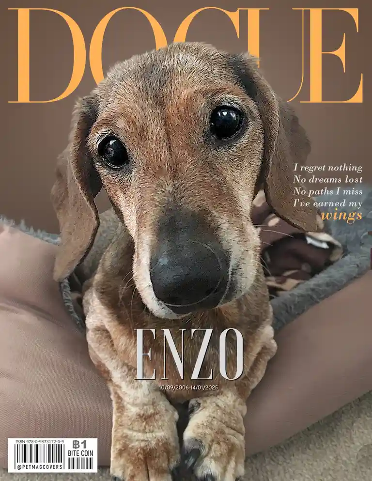 A close-up of a brown dachshund with large, soulful eyes looking directly at the camera, styled as a Vogue magazine cover…