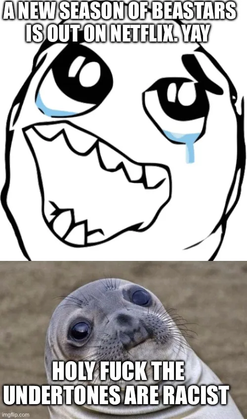 The image is a two-panel meme. The top panel shows the 'sad face' meme template with large, teary eyes and a wide, toothy…