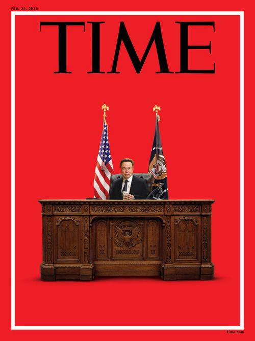 A digitally altered image mimicking a TIME magazine cover from February 24, 2025, features Elton John seated at a…