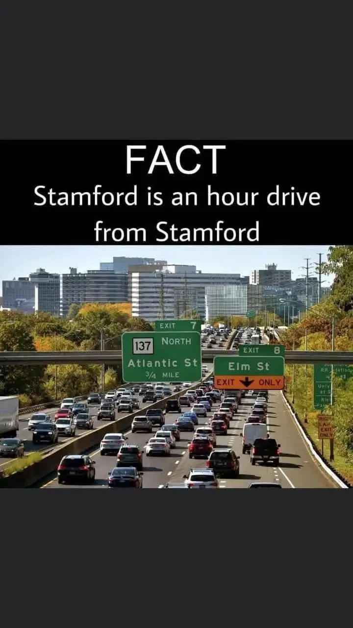 A highway photo shows heavy traffic with green road signs for Exit 7 (Atlantic St) and Exit 8 (Elm St) under a clear sky…