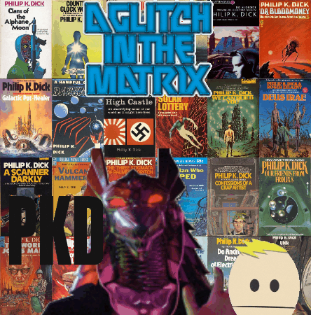 The image displays a repeating collage of Philip K. Dick book covers, overlaid with a large, stylized 'PKD' logo and a…