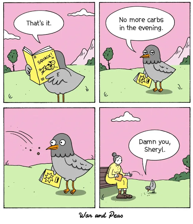 A four-panel comic strip shows a grey bird reading a yellow book titled 'SQUACK!' and declaring 'That's it.' The bird then…