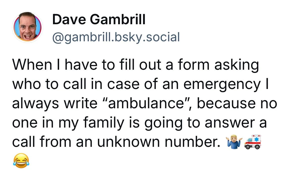 A screenshot of a social media post by Dave Gambrill showing his profile picture and text. The text humorously explains that…