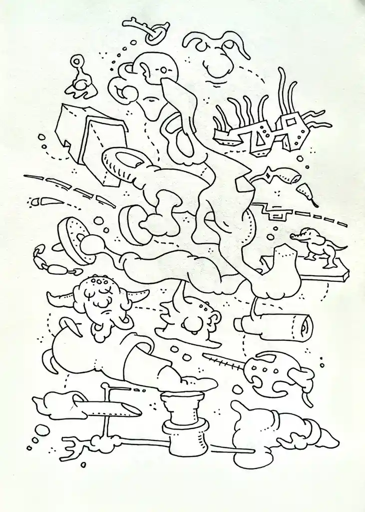 A black-and-white line drawing shows a chaotic, surreal scene with various cartoonish, blob-like creatures and objects…