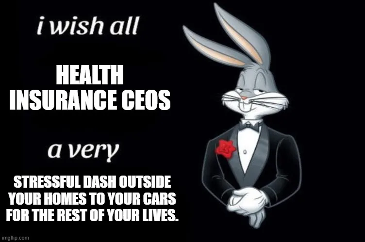 A cartoon image of Bugs Bunny in a tuxedo with a red rose on his lapel, standing against a black background. White text is…