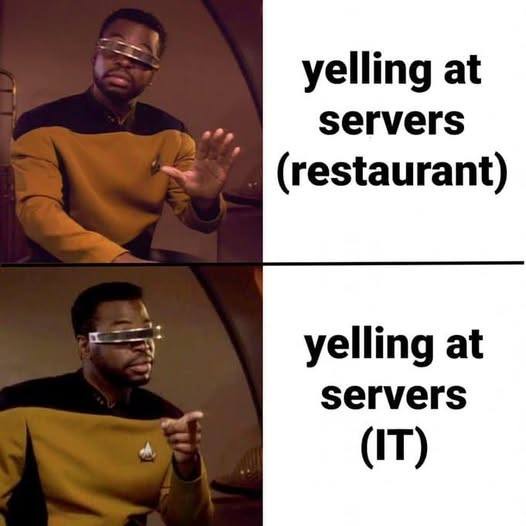 Two-panel meme featuring a Black man in a Starfleet uniform from Star Trek: The Next Generation. In the top panel, he…