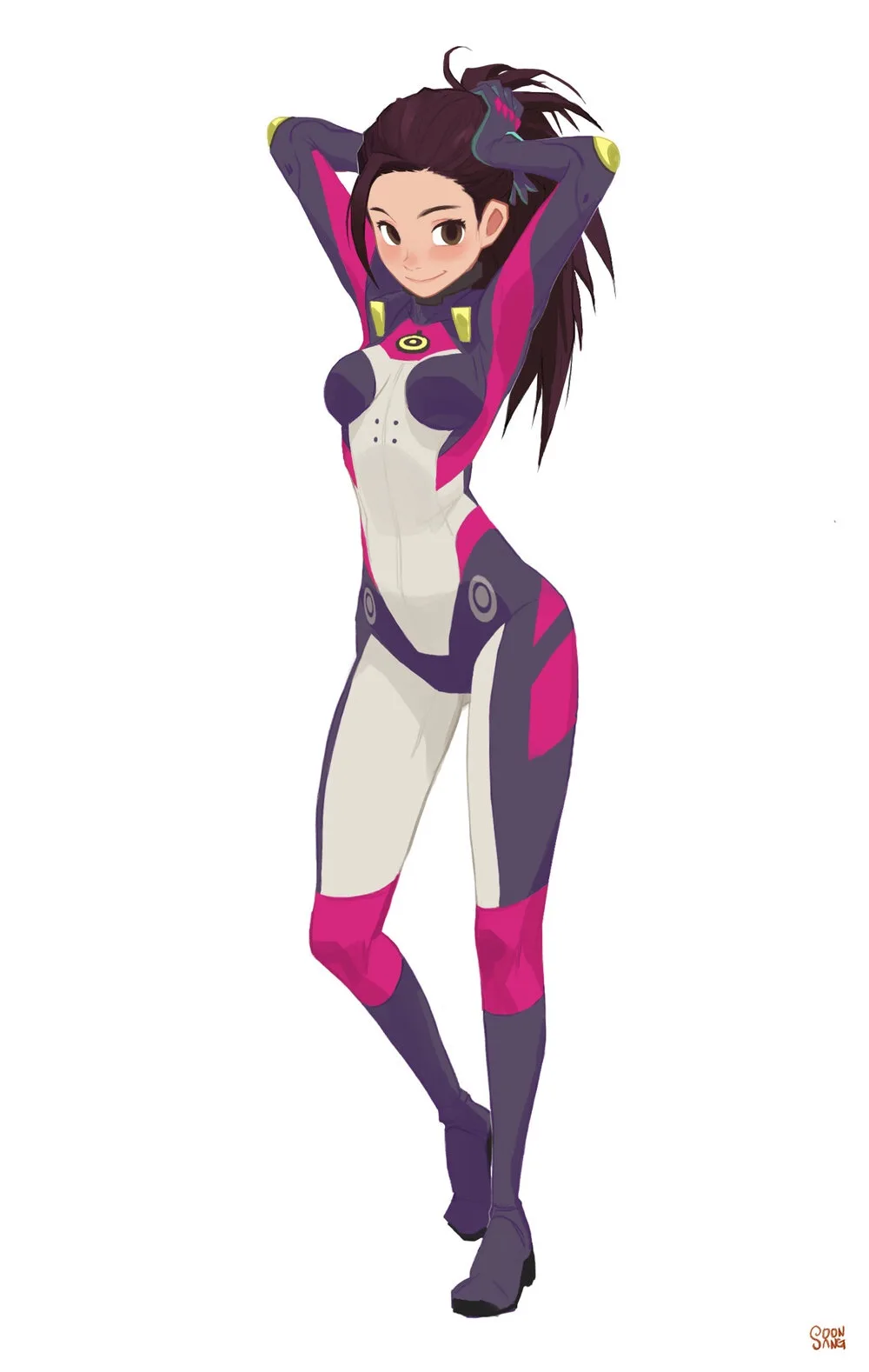 An anime-style female character with dark hair in a ponytail, wearing a form-fitting white, purple, and pink futuristic suit…