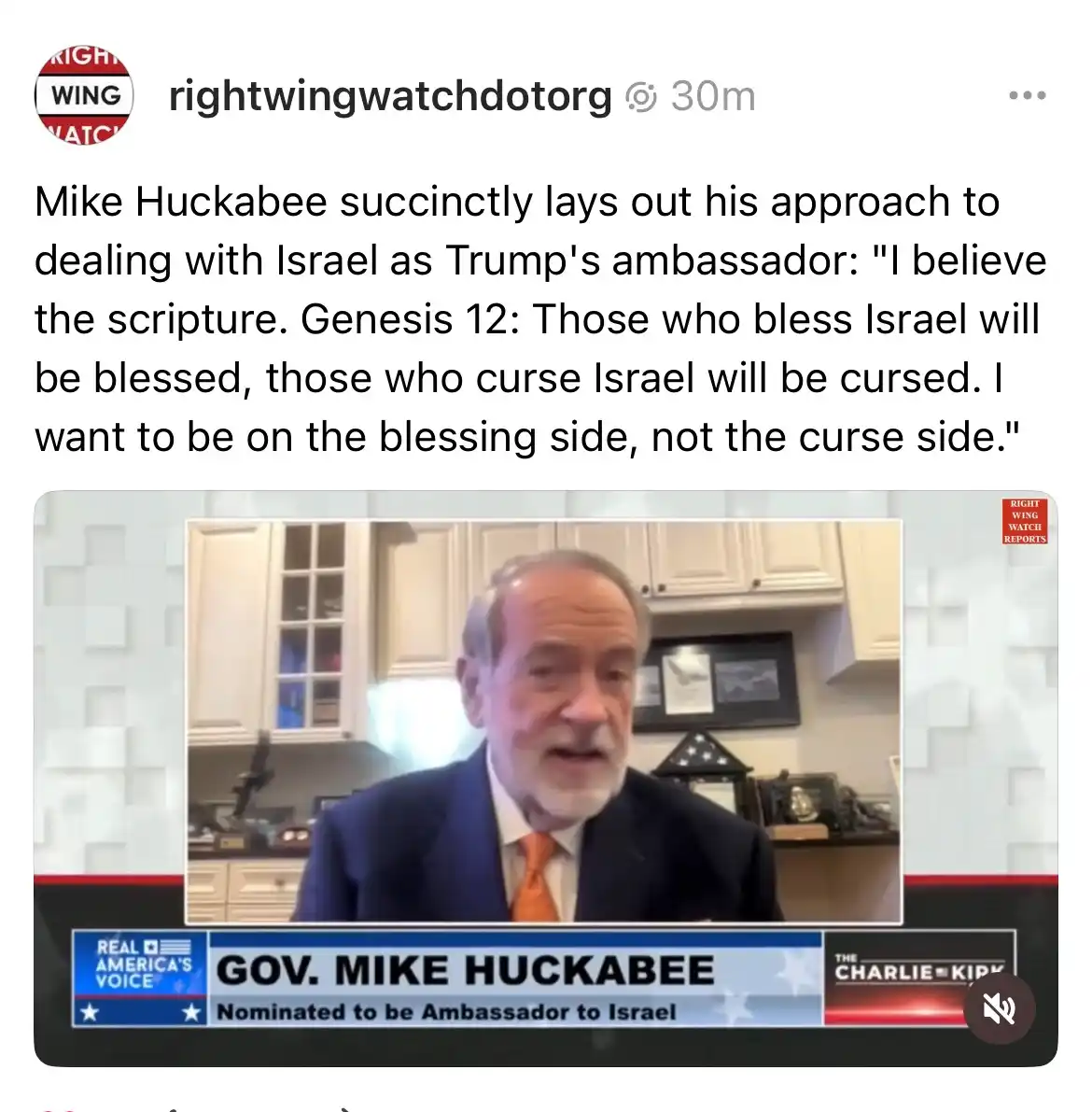 A screenshot of a video interview with Mike Huckabee, who is identified as 'Nominated to be Ambassador to Israel' by a lower…
