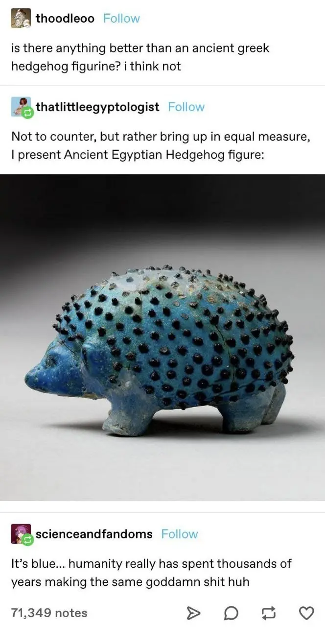 The image shows a blue ancient Egyptian hedgehog figurine with black spiky protrusions, presented as a humorous counterpoint…