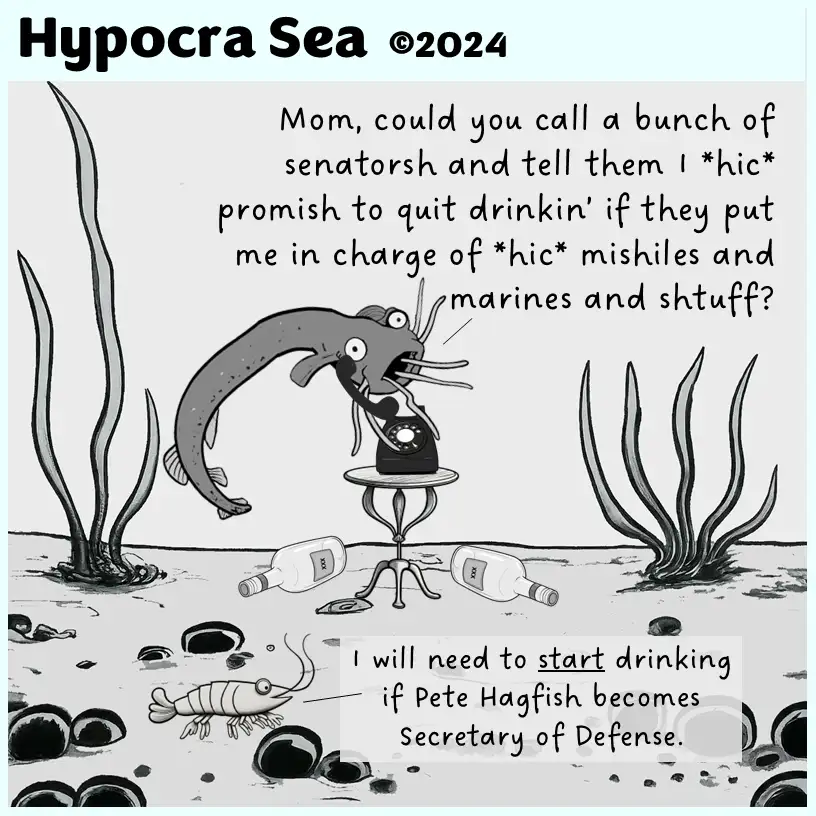 A cartoon depicts a drunken, hiccuping fish character on the phone underwater, surrounded by empty bottles, asking his mom…