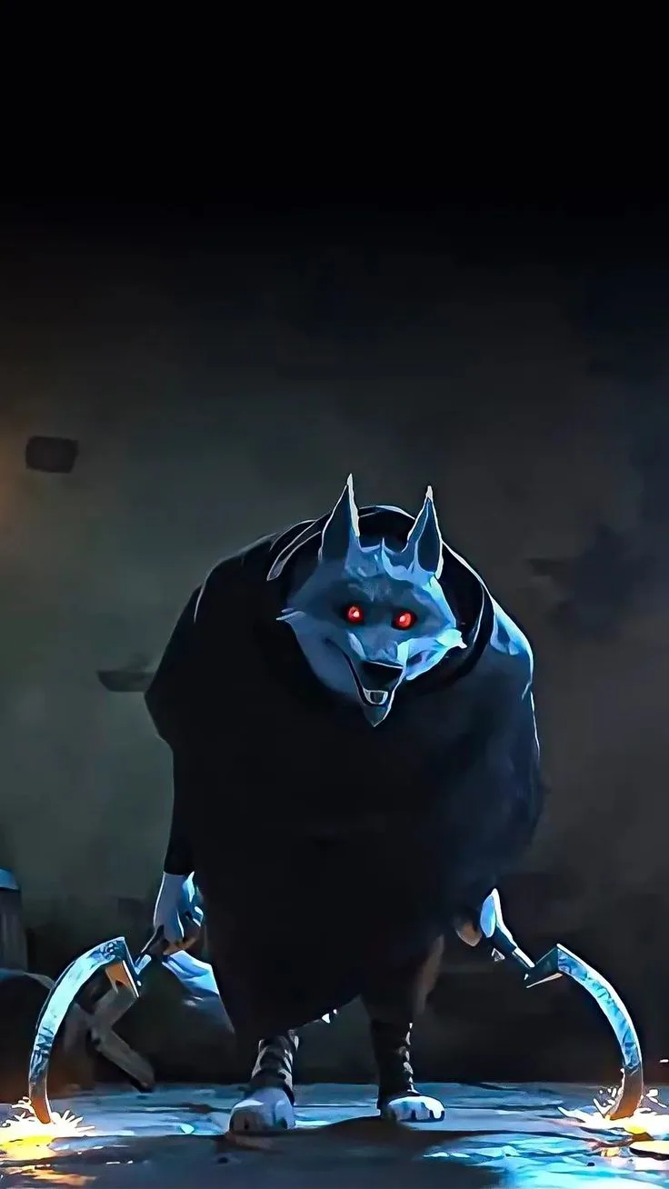 A menacing blue wolf-like creature with glowing red eyes and sharp teeth, wearing a black hooded robe and wielding two…
