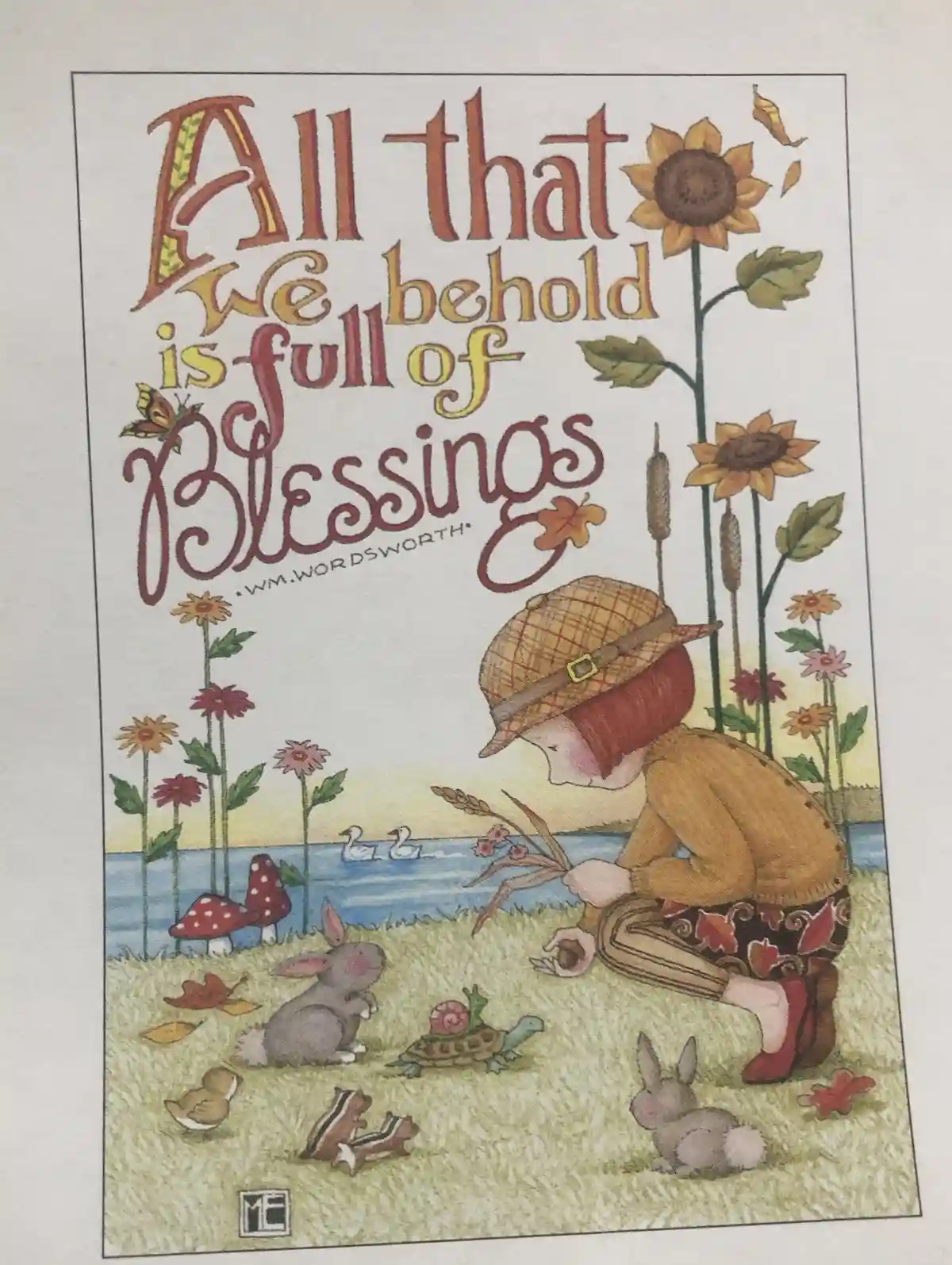 A vintage-style illustration shows a child in a plaid hat kneeling in a grassy field surrounded by animals like rabbits, a…