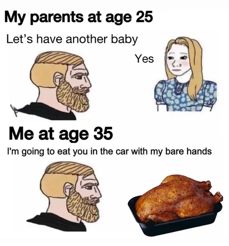 The image is a two-panel meme. The top panel shows cartoon illustrations of a man and woman, with text reading 'My parents…
