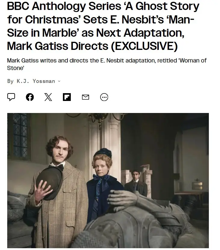 A screenshot of a BBC news article about an upcoming adaptation of E. Nesbit's 'Man-Size in Marble' retitled 'Woman of…