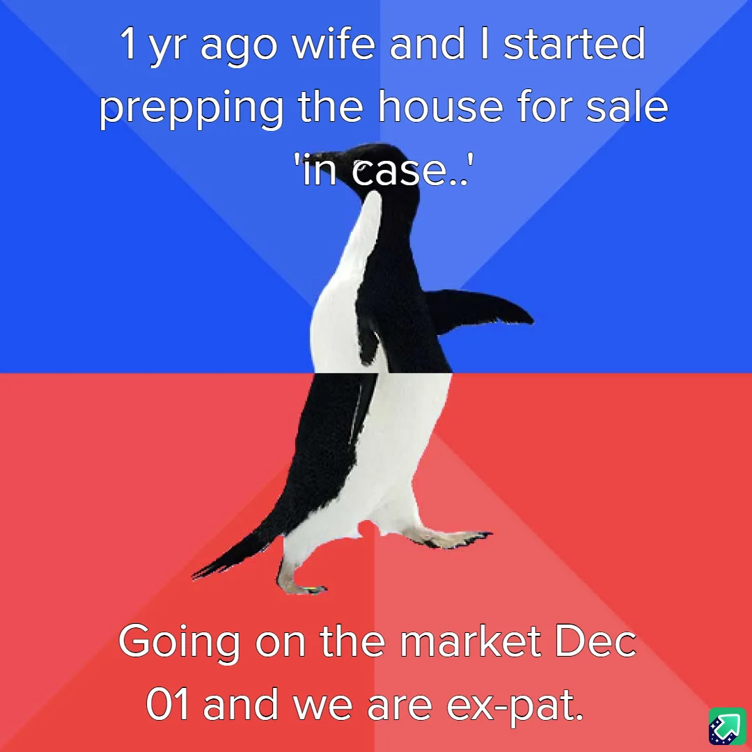 A penguin stands centered against a split blue and red background, with white text overlaid in two sections. The top text…