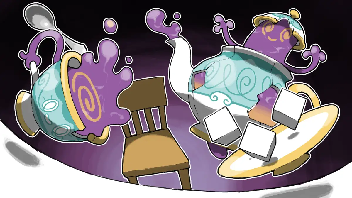 Two anthropomorphic teapots with purple liquid limbs and faces are shown in a chaotic scene, one tipping over a chair and…