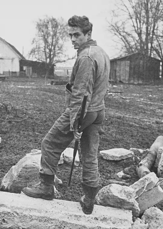 a black and white photo of a young man in work clothes standing on a stone wall, holding a tool, with a tired or unimpressed…