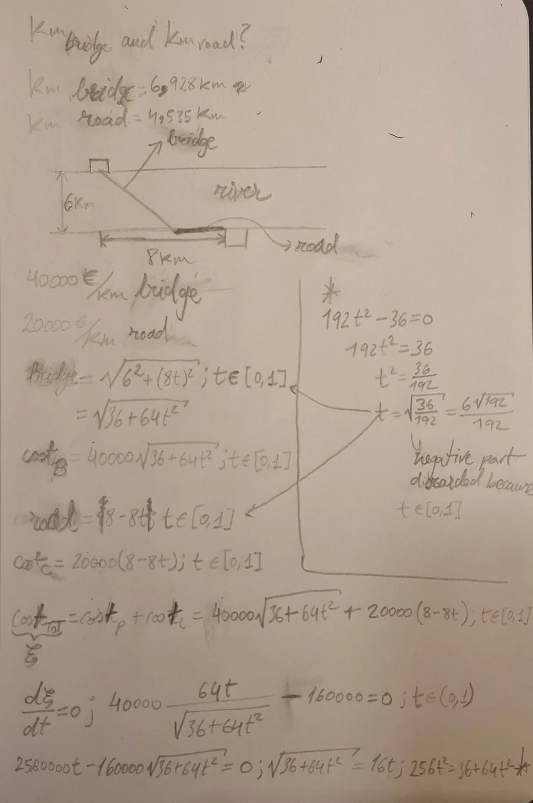 A handwritten math problem on paper compares building a bridge versus a road across a river, calculating costs and using…