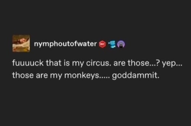 A screenshot of a social media post by user 'nymphoutofwater' with a dark background. The post features a small profile…