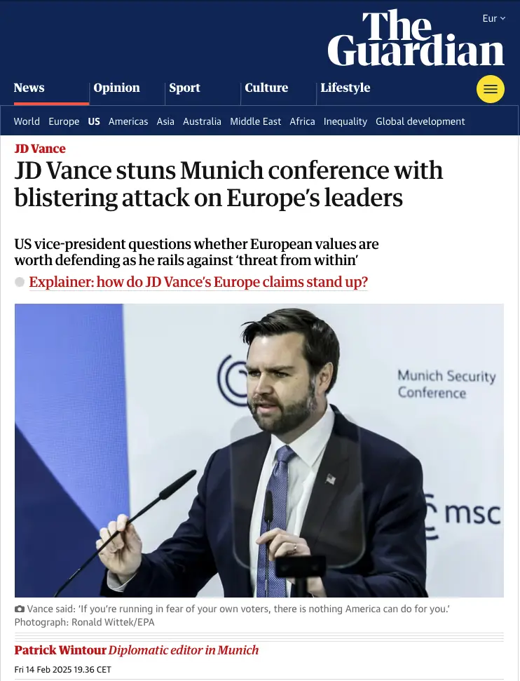 A screenshot of a The Guardian news article featuring JD Vance speaking at the Munich Security Conference, with the headline…