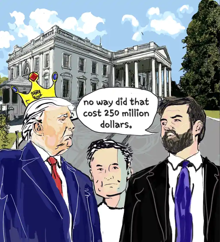 A cartoon depicts Donald Trump wearing a Burger King crown, standing in front of the White House with two other men. A…