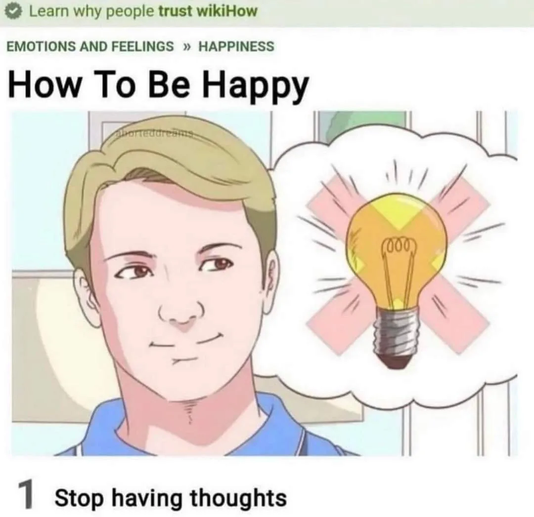 An illustrated man with a calm expression has a thought bubble showing a lightbulb crossed out with pink X's, under the…