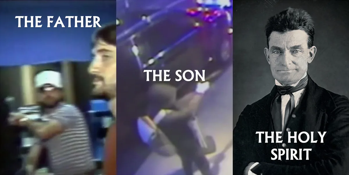The image is split into three vertical panels. Left: A blurry, low-resolution video frame of a man in a striped shirt and…