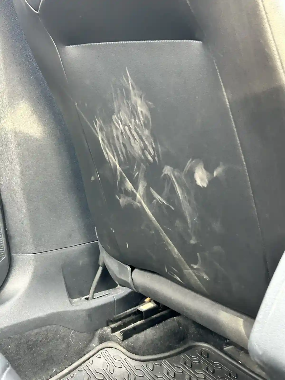 A close-up photo shows a black car seat with a large, messy patch of white dog fur stuck to it, resembling a ghostly figure…