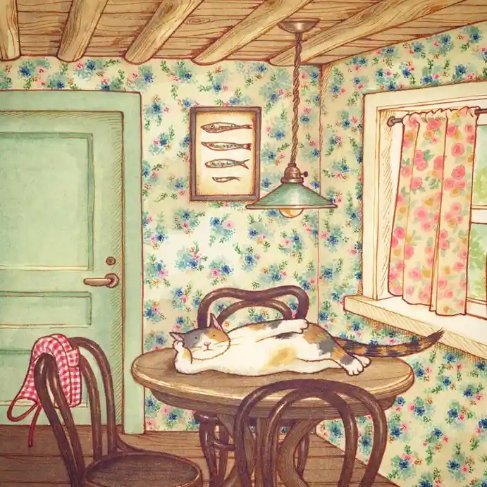 A cozy, vintage-style illustration of a cat sleeping sprawled lazily on a wooden dining table in a room with floral…