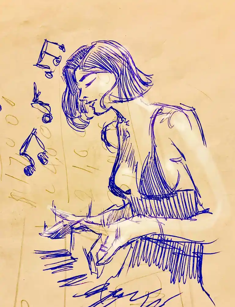 A blue ink sketch on beige paper shows a woman with short hair, eyes closed, and a slight smile, seemingly singing or…