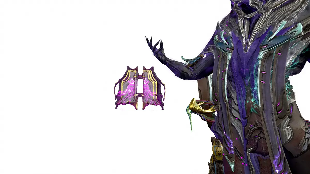 A character in ornate purple and teal armor extends their hand toward a pair of glowing purple and gold armor pieces…
