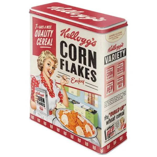 A vintage-style Kellogg's Corn Flakes tin featuring a smiling blonde woman in a red polka-dot apron holding a box of cereal…